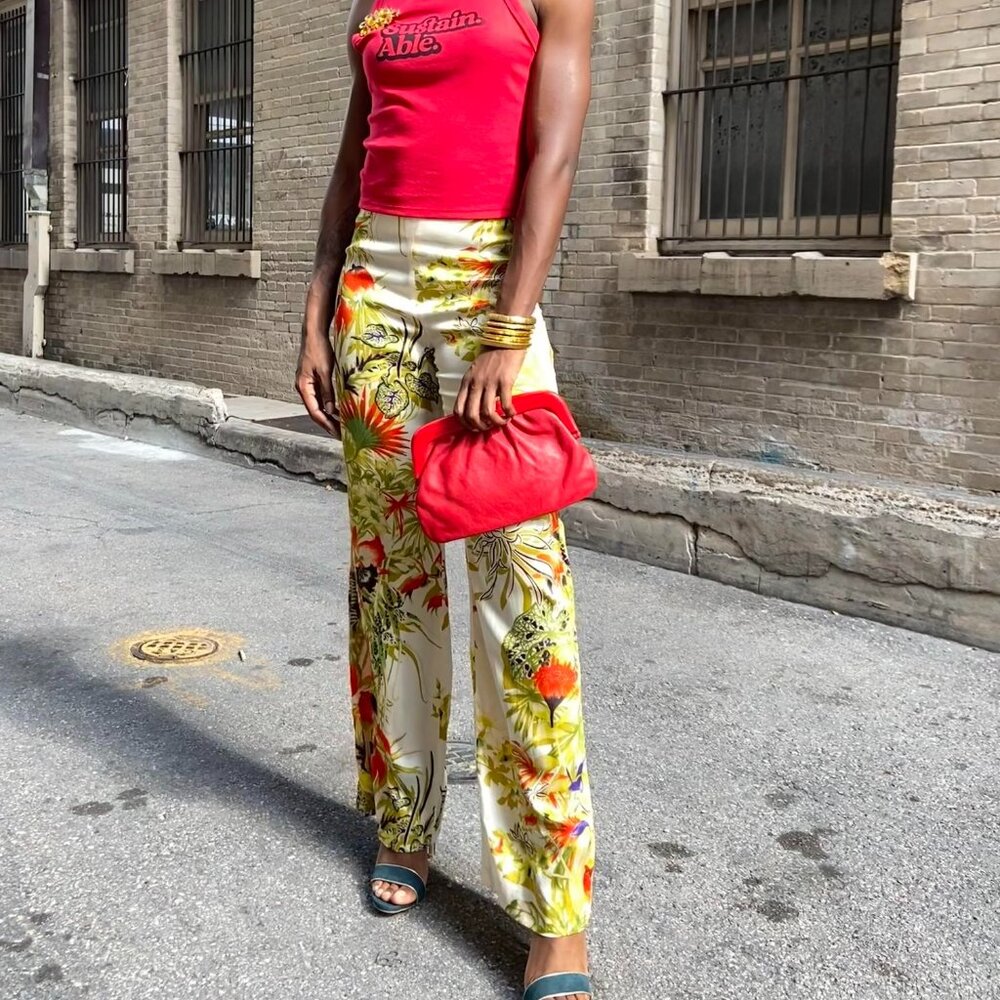 1990s Kenzo Wide Leg Silk Floral Pants